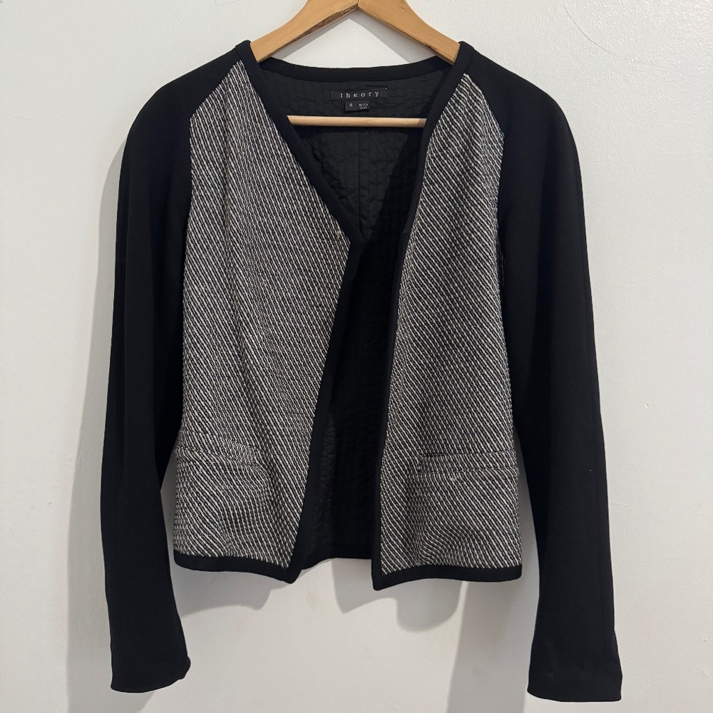 Theory Blazer Cardigan Jacket Size 4 Black White Wool Cotton